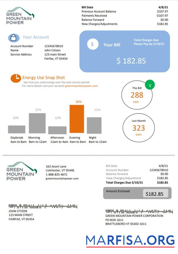 Blank USA Vermont Green Mountain Power electricity utility bill in Word and PDF format example